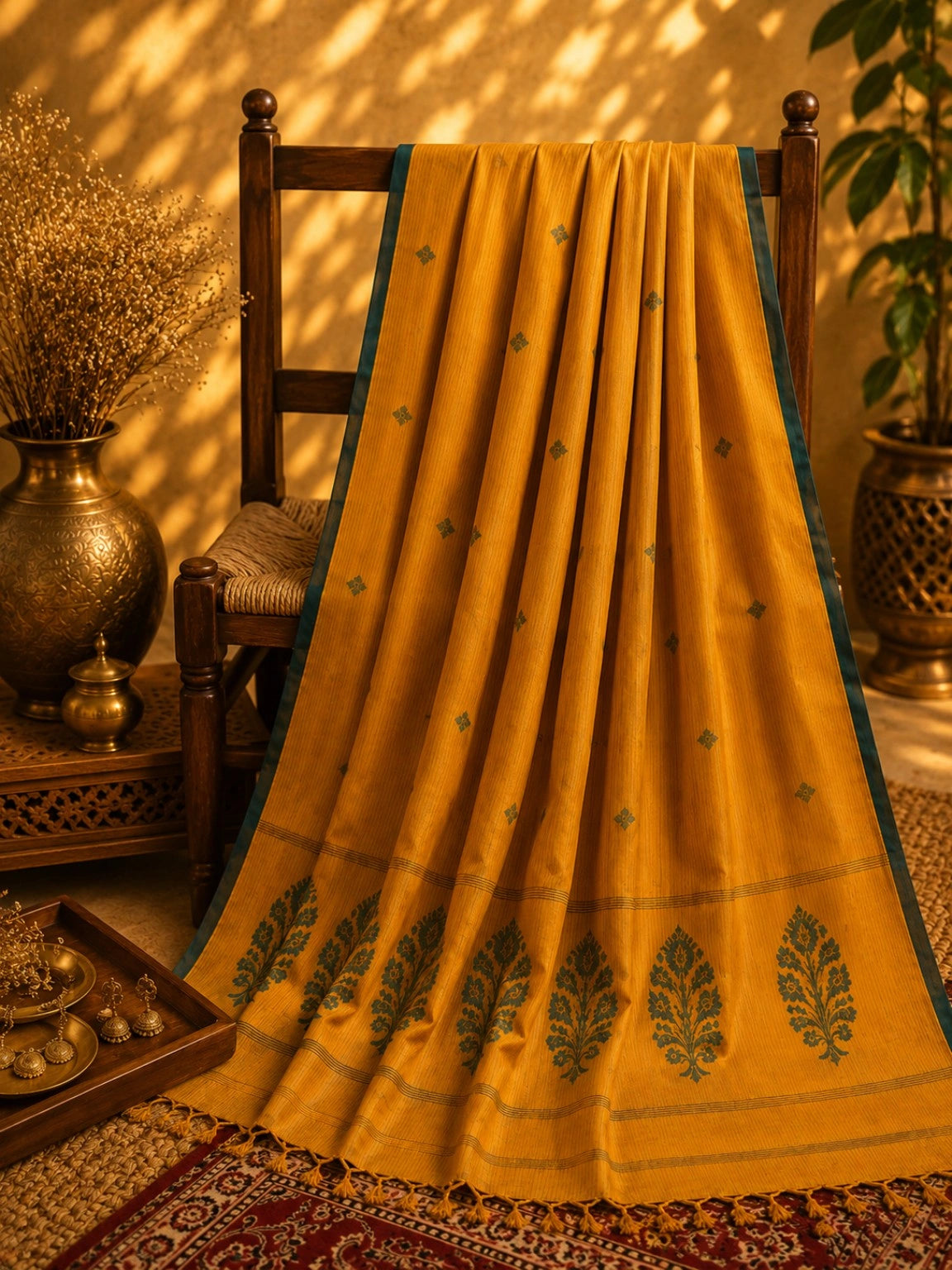 Deep Yellow Pure Cotton Hand Woven Jamdani Saree with Teal Border & Floral Pallu Motifs