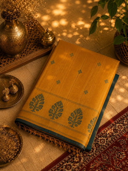 Deep Yellow Pure Cotton Hand Woven Jamdani Saree with Teal Border & Floral Pallu Motifs
