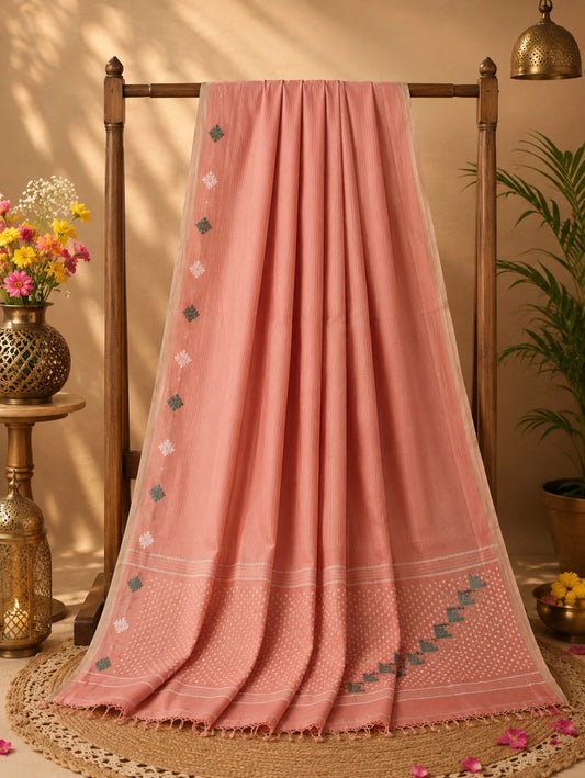 Soft Blush Pink Pure Cotton Handwoven Jamdani Saree with White Woven Border & Tassel Pallu