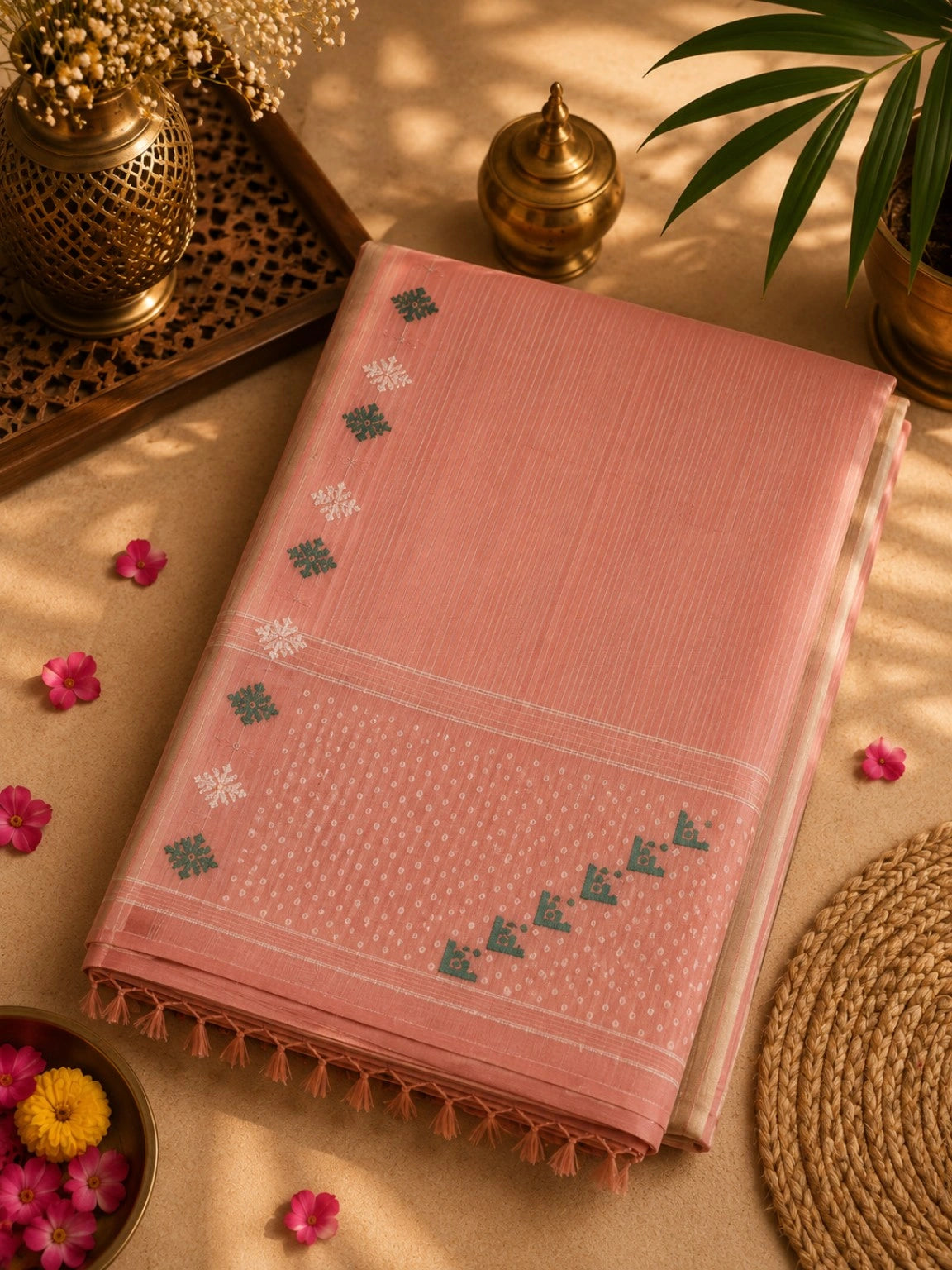Blush Pink Pure Cotton Jamdani Saree with Floral Buti Border & Geometric Pallu Design