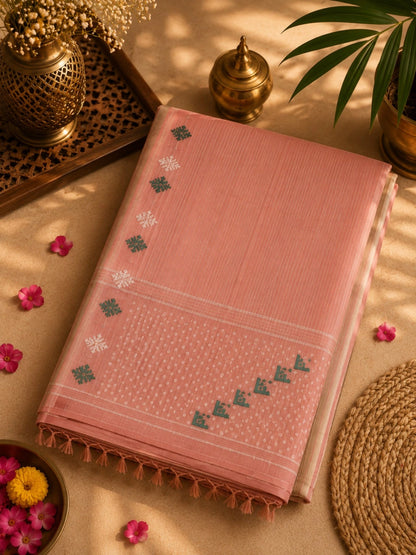 Blush Pink Pure Cotton Jamdani Saree with Floral Buti Border & Geometric Pallu Design