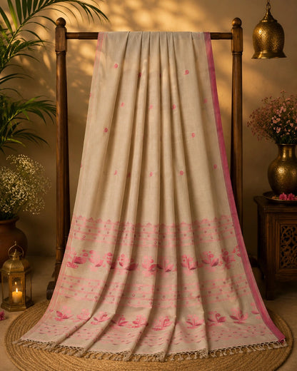 Beige Cotton Tangail Handloom Saree with Pink Floral Border and Tassel Pallu