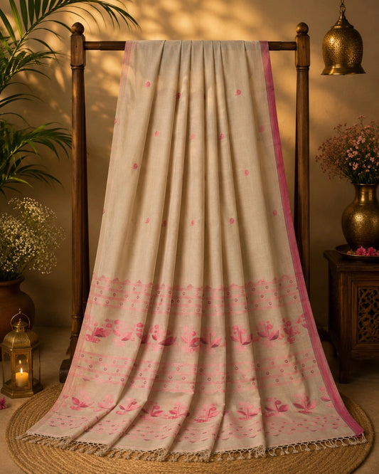 Beige Cotton Tangail Handloom Saree with Pink Floral Border and Tassel Pallu