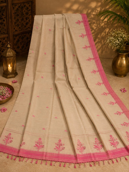 Beige Cotton Tangail Handloom Saree with Pink Floral Border and Tassel Pallu