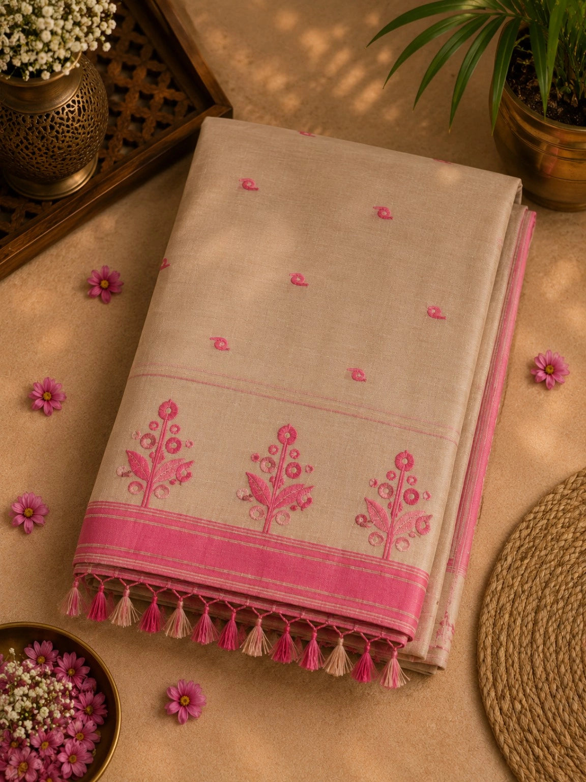 Beige Cotton Tangail Handloom Saree with Pink Floral Border and Tassel Pallu