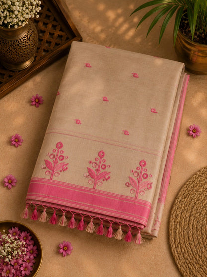 Beige Cotton Tangail Handloom Saree with Pink Floral Border and Tassel Pallu