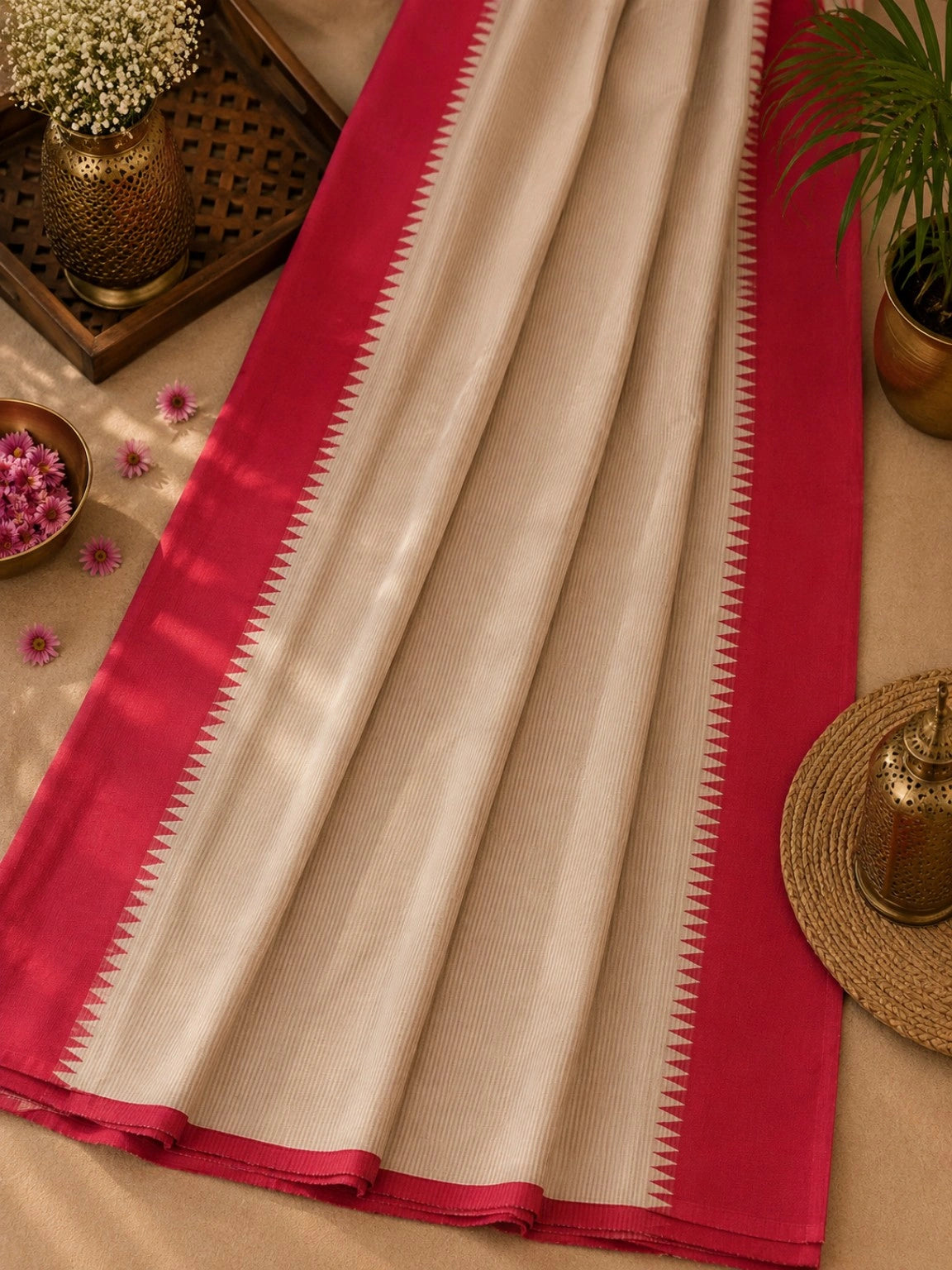 Off-White Cotton Tangail Handloom Saree with Deep Pink Temple Border