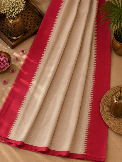 Off-White Cotton Tangail Handloom Saree with Deep Pink Temple Border