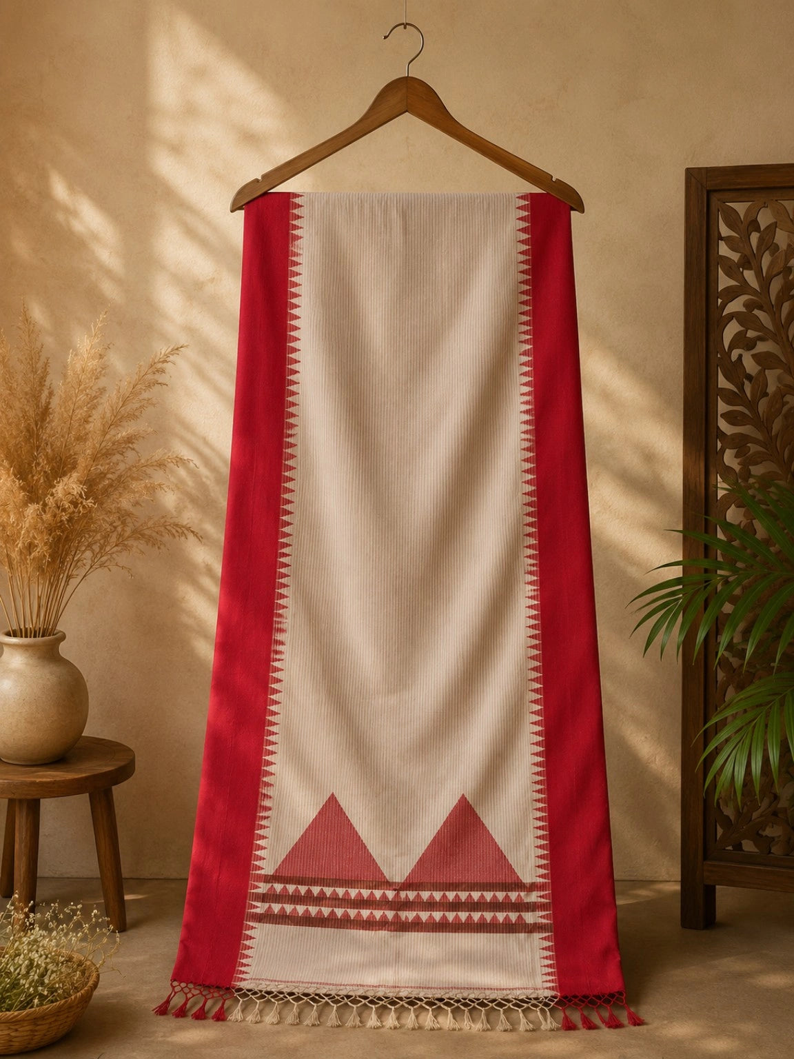 Off-White Cotton Tangail Handloom Saree with Deep Pink Temple Border