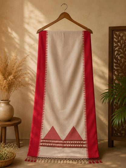 Off-White Cotton Tangail Handloom Saree with Deep Pink Temple Border