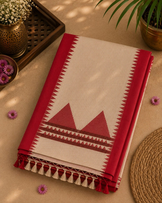 Off-White Cotton Tangail Handloom Saree with Deep Pink Temple Border