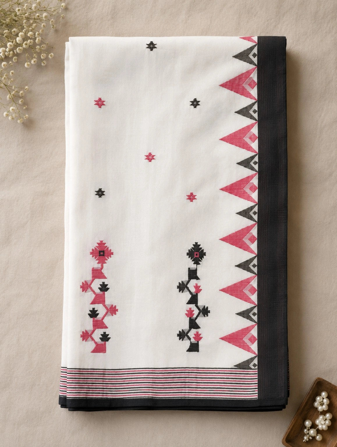 White Pure Cotton Hand Weaving Saree with Black & Pink Geometric Tribal Border Design