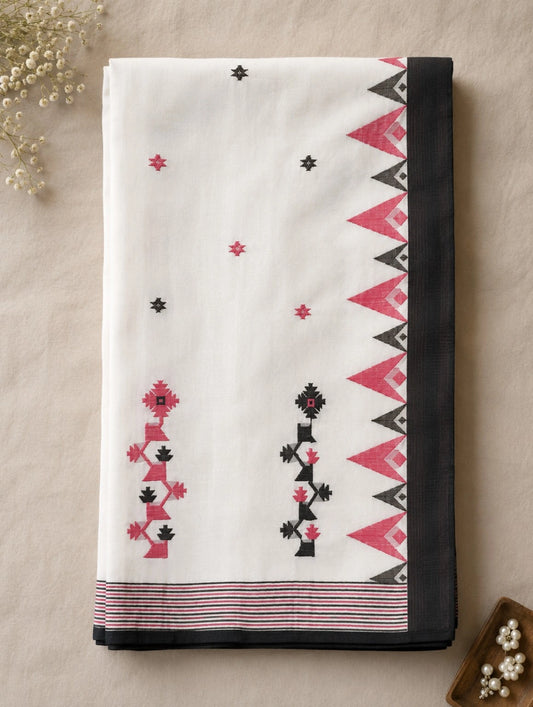 White Pure Cotton Hand Weaving Saree with Black & Pink Geometric Tribal Border Design