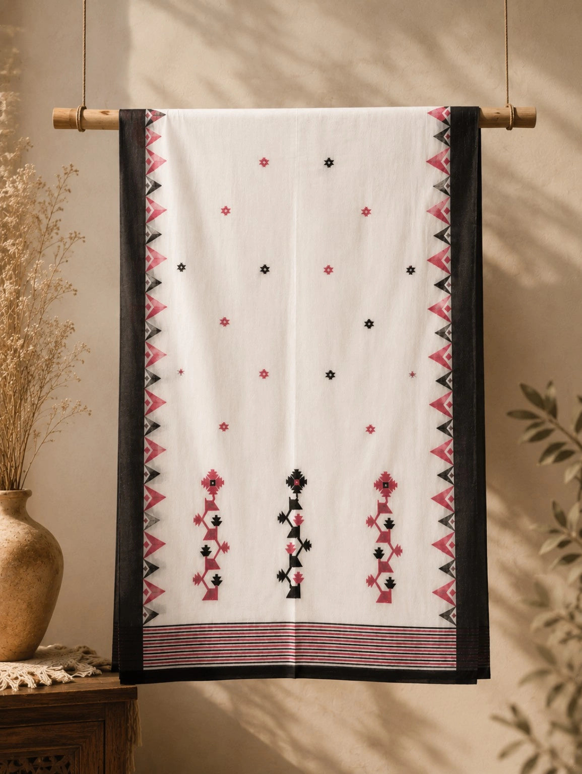 White Pure Cotton Hand Weaving Saree with Black & Pink Geometric Tribal Border Design