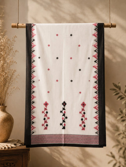 White Pure Cotton Hand Weaving Saree with Black & Pink Geometric Tribal Border Design