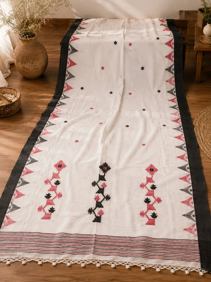 White Pure Cotton Hand Weaving Saree with Black & Pink Geometric Tribal Border Design