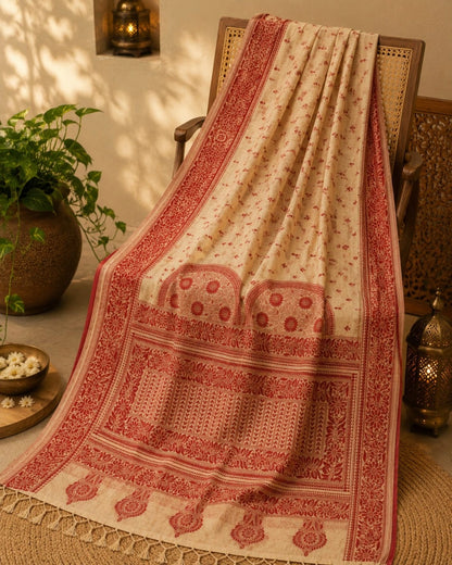 Off-White & Red Assamese Inspired Handloom Tassel Saree with Floral Border Design