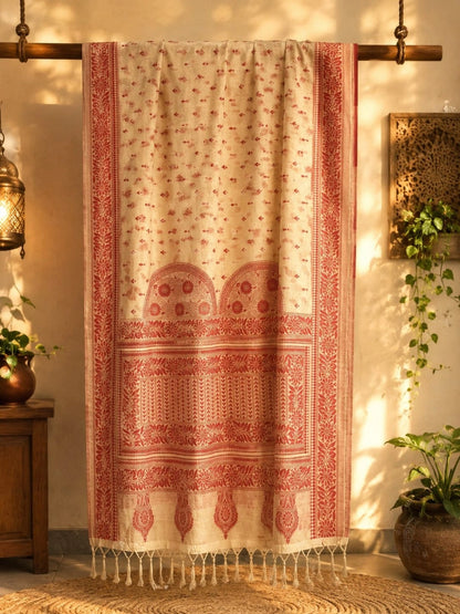 Off-White & Red Assamese Inspired Handloom Tassel Saree with Floral Border Design