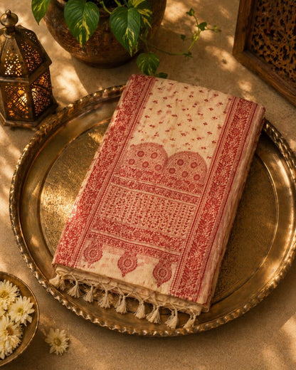 Off-White & Red Assamese Inspired Handloom Tassel Saree with Floral Border Design