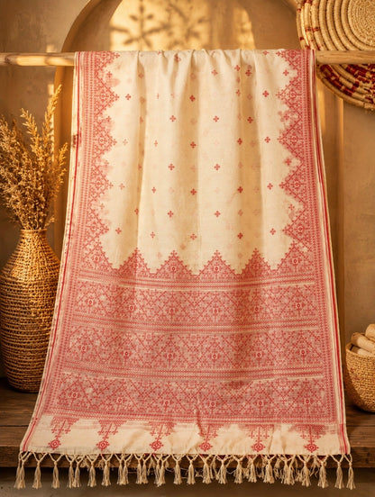 Off White & Red Assamese Embroidery Inspired Tassel Saree