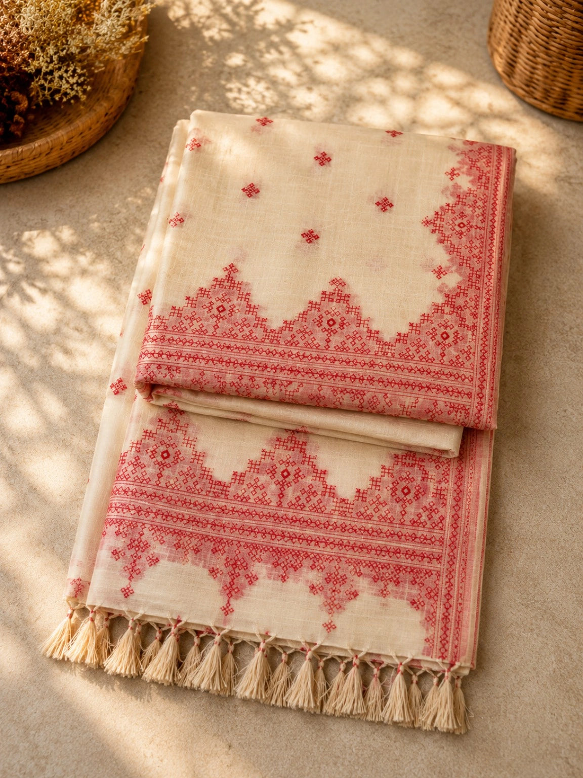 Off White & Red Assamese Embroidery Inspired Tassel Saree