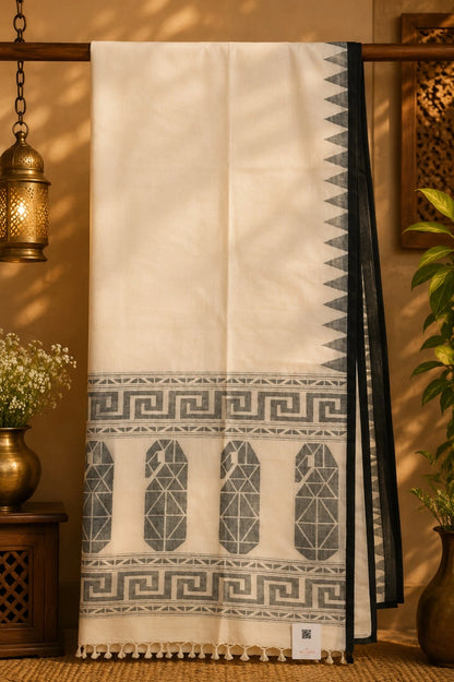 Off White Cotton Tangail Handloom Saree with Black Geometric Tribal Border Design