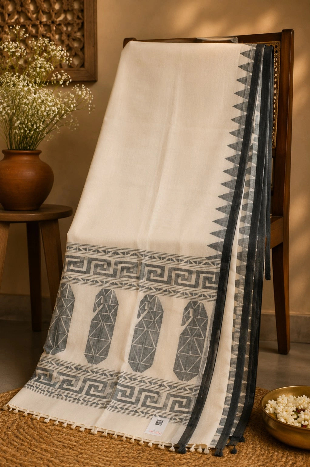 Off White Cotton Tangail Handloom Saree with Black Geometric Tribal Border Design
