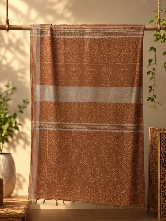 Cinnamon Brown Linen Bagru Print Saree with Traditional Floral & Kalash Motifs