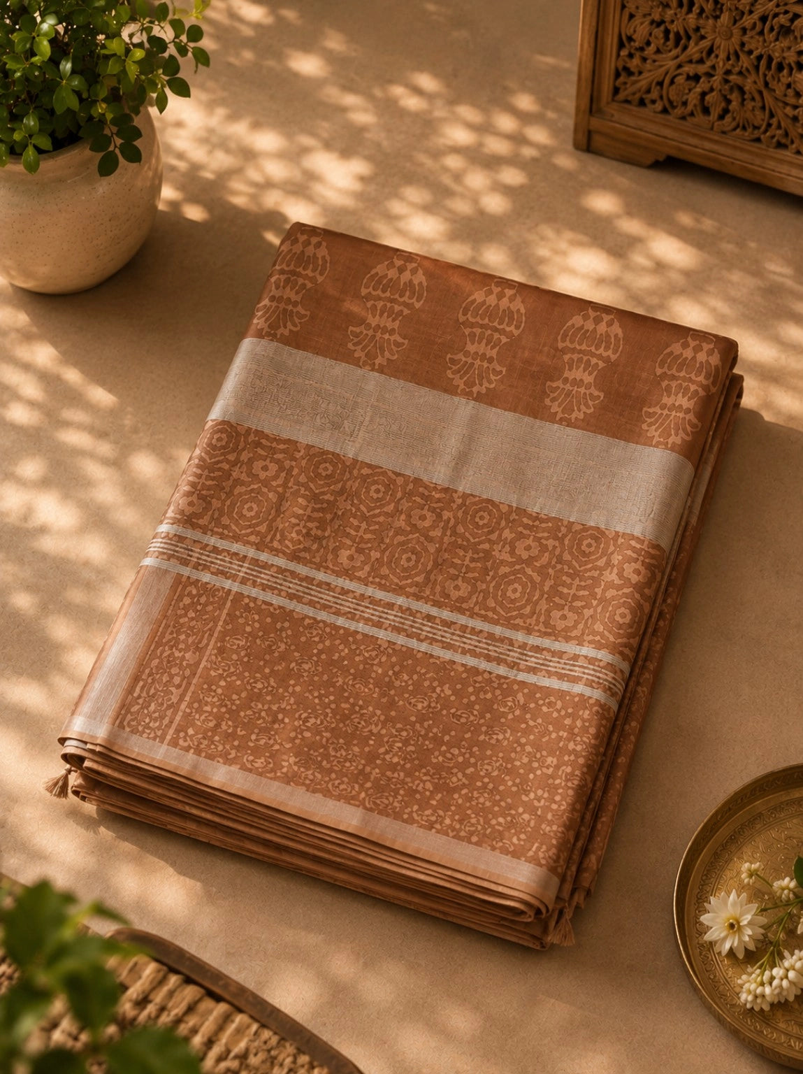 Cinnamon Brown Linen Bagru Print Saree with Traditional Floral & Kalash Motifs