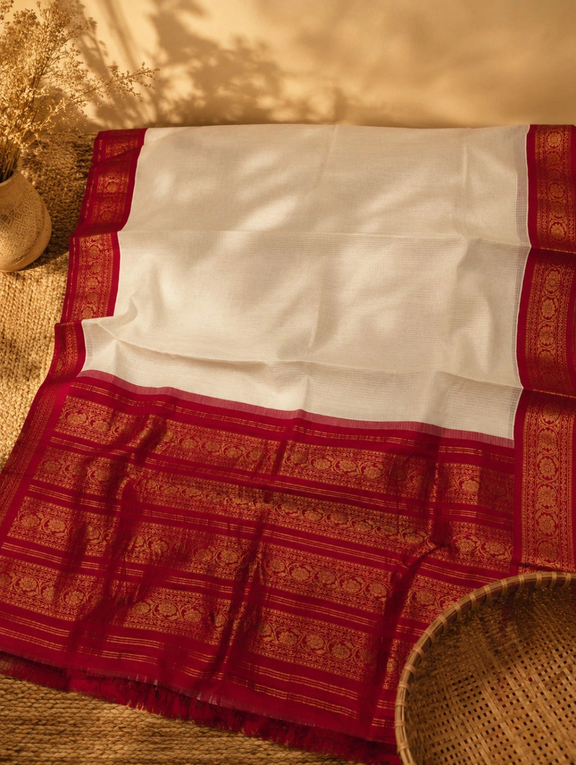 Heritage Pure Cotton Gadwal Saree in Off White with Crimson Red Zari Pallu