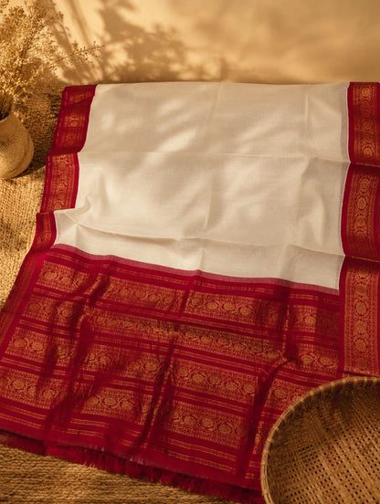 Heritage Pure Cotton Gadwal Saree in Off White with Crimson Red Zari Pallu