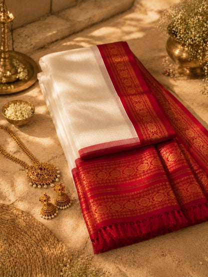 Heritage Pure Cotton Gadwal Saree in Off White with Crimson Red Zari Pallu