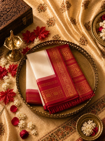 Heritage Pure Cotton Gadwal Saree in Off White with Crimson Red Zari Pallu