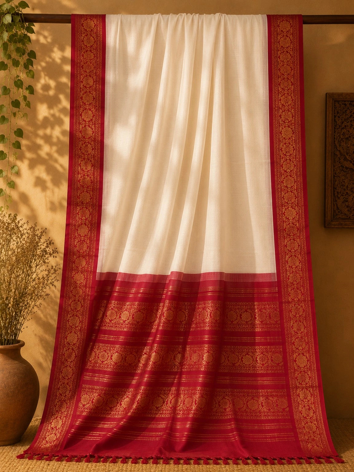 Heritage Pure Cotton Gadwal Saree in Off White with Crimson Red Zari Pallu