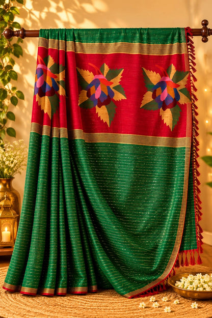 Handmade Matka Jamdani Saree in Emerald Green & Crimson Red with Floral Woven Pallu