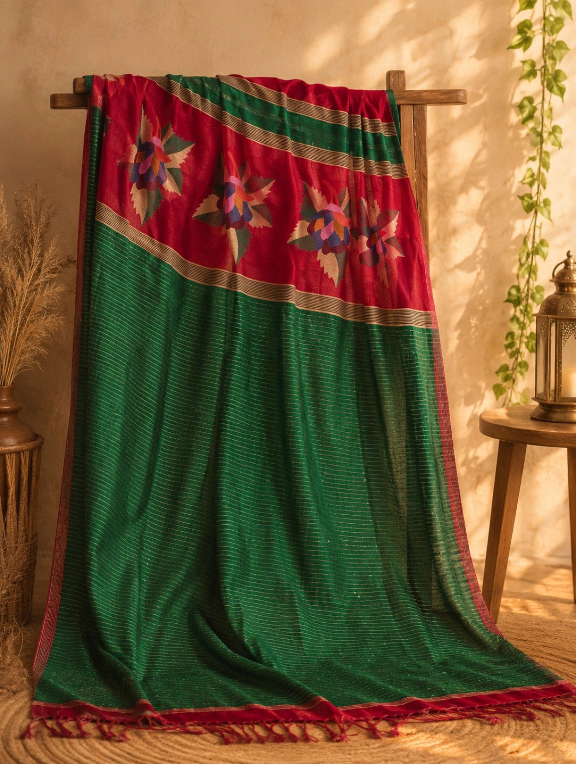 Handmade Matka Jamdani Saree in Emerald Green & Crimson Red with Floral Woven Pallu