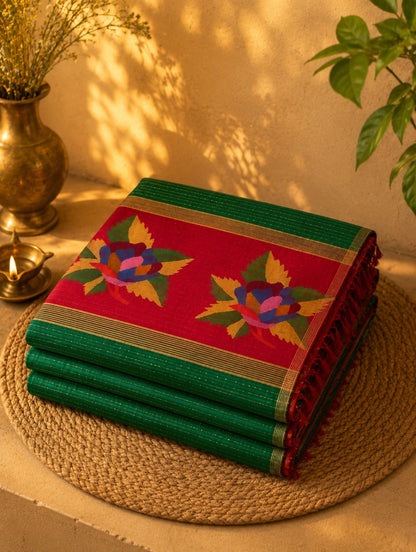 Handmade Matka Jamdani Saree in Emerald Green & Crimson Red with Floral Woven Pallu