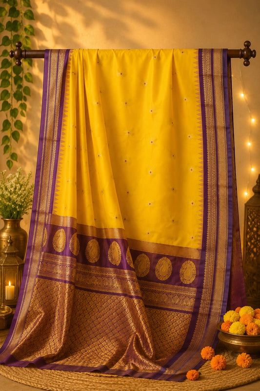 Semi Gadwal Silk Saree in Mustard Yellow with Purple Zari Border & Paisley Pallu
