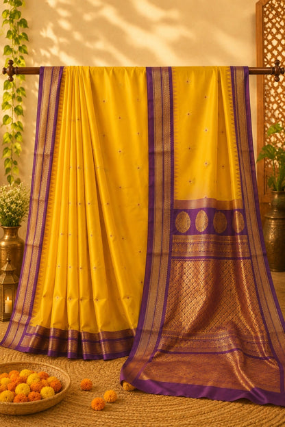 Semi Gadwal Silk Saree in Mustard Yellow with Purple Zari Border & Paisley Pallu