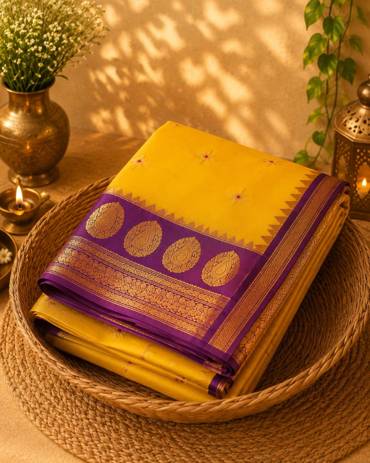 Semi Gadwal Silk Saree in Mustard Yellow with Purple Zari Border & Paisley Pallu