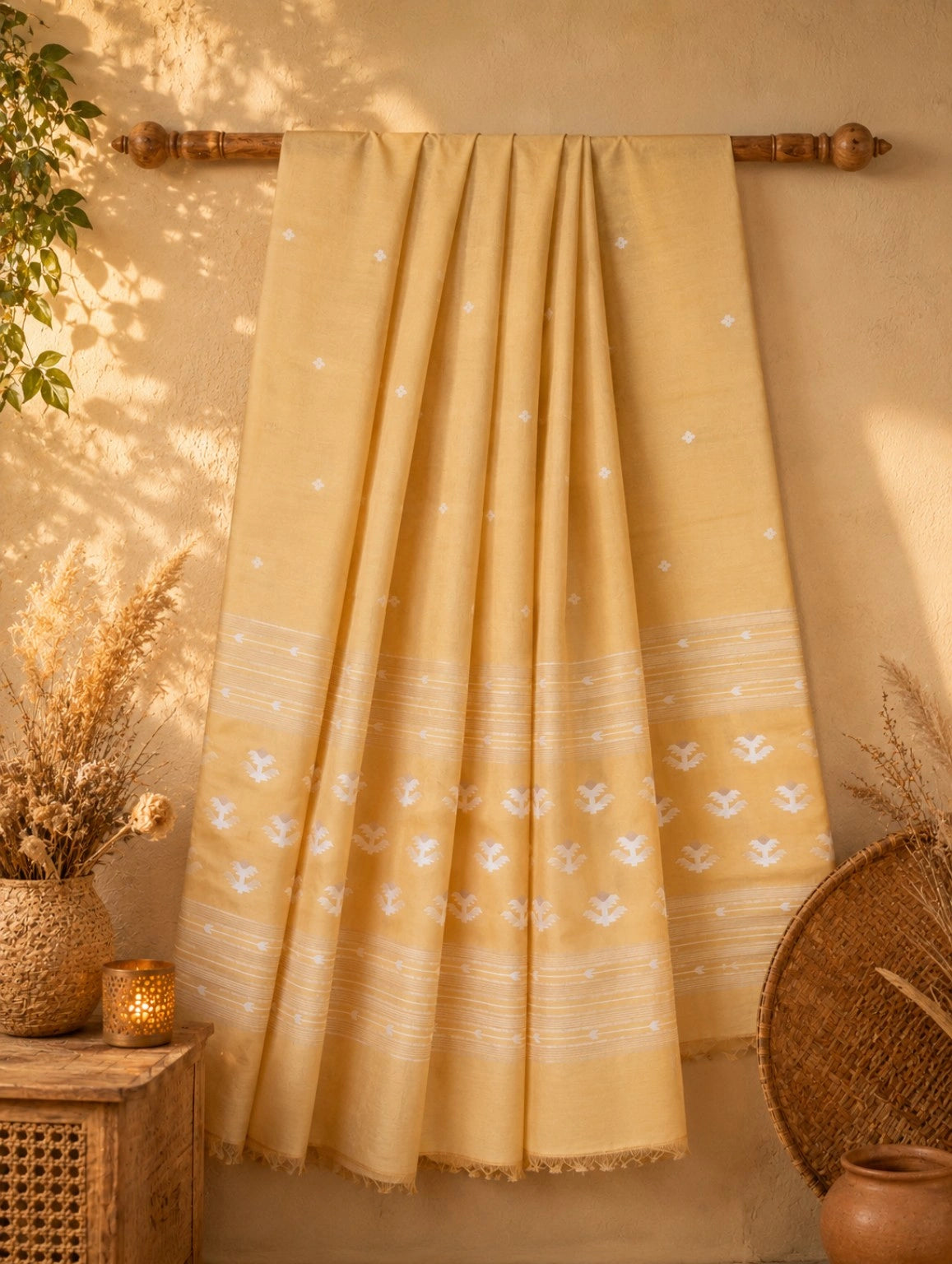 Pure Cotton Handwoven Mustard Yellow Saree with White Woven Buta Border