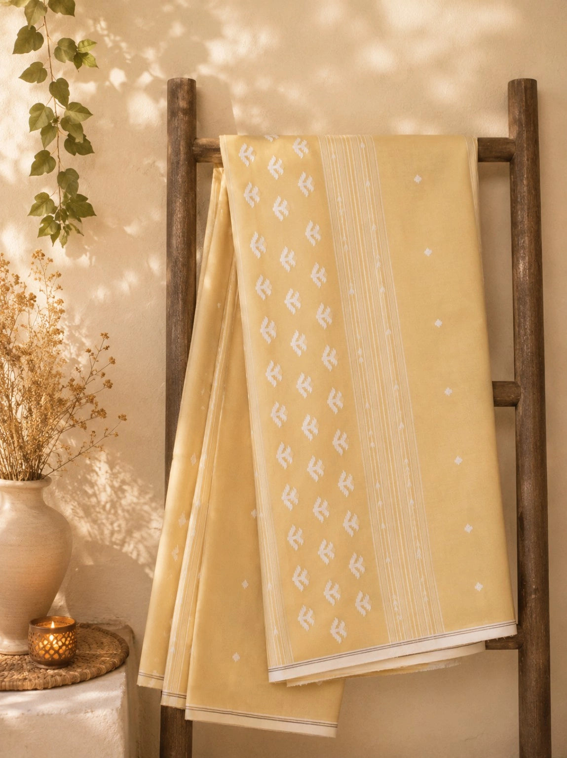 Pure Cotton Handwoven Mustard Yellow Saree with White Woven Buta Border
