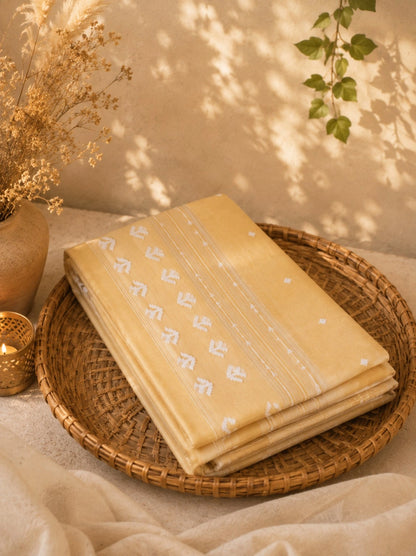 Pure Cotton Handwoven Mustard Yellow Saree with White Woven Buta Border