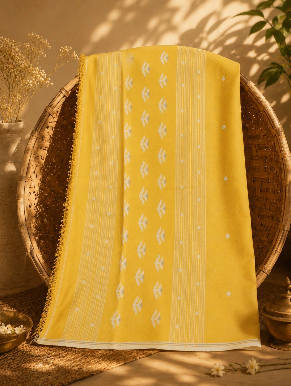 WEVOW Sunshine Yellow Pure Cotton Jamdani Saree with White Handwoven Buta Motifs