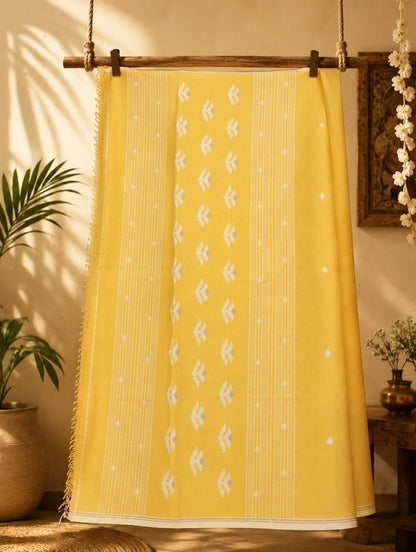 WEVOW Sunshine Yellow Pure Cotton Jamdani Saree with White Handwoven Buta Motifs