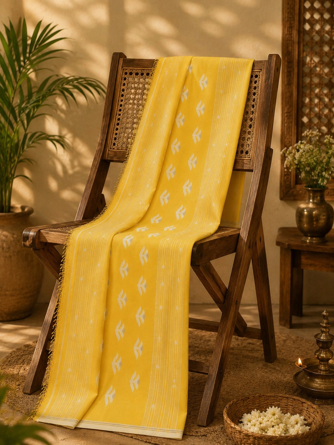 WEVOW Sunshine Yellow Pure Cotton Jamdani Saree with White Handwoven Buta Motifs