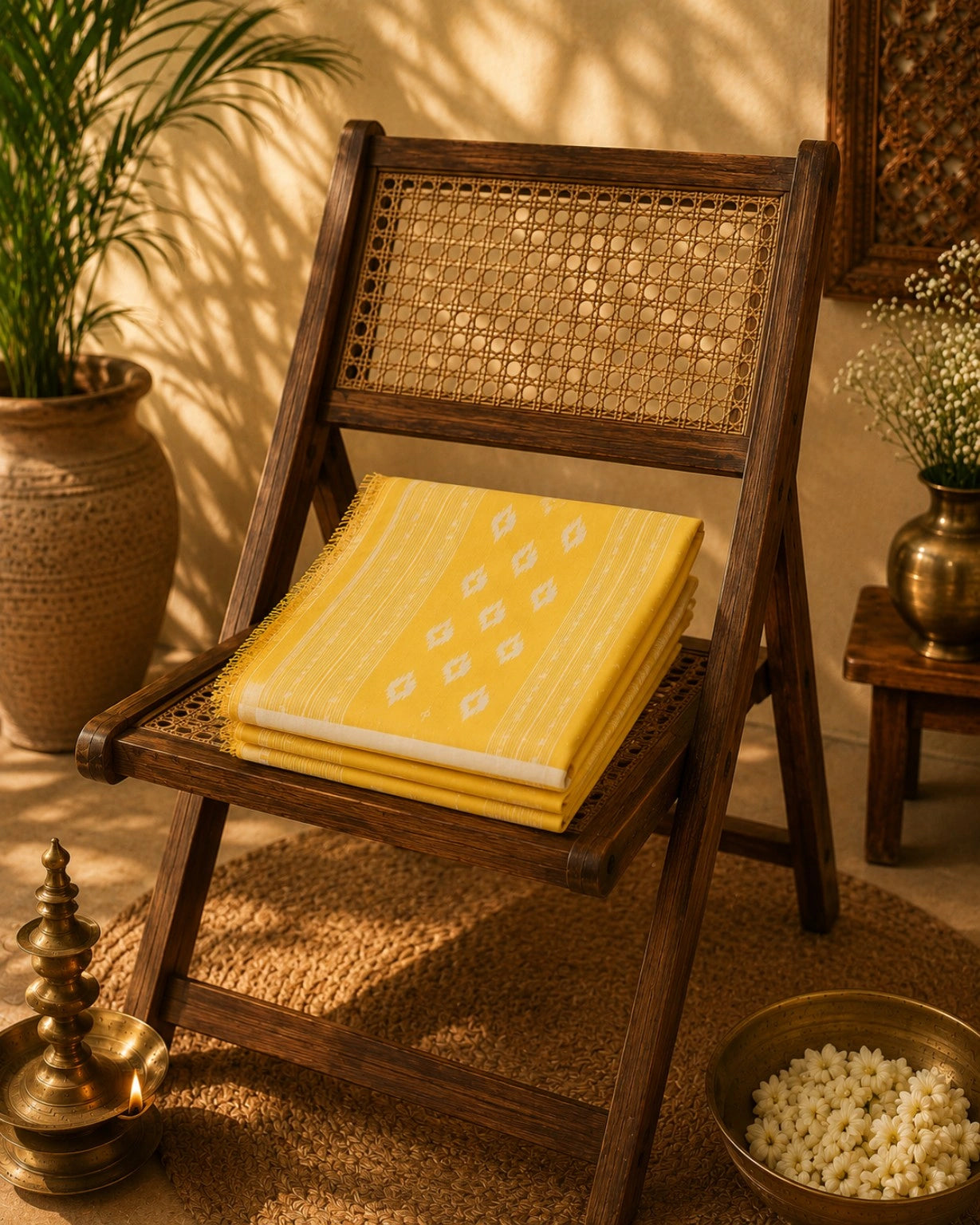 WEVOW Sunshine Yellow Pure Cotton Jamdani Saree with White Handwoven Buta Motifs
