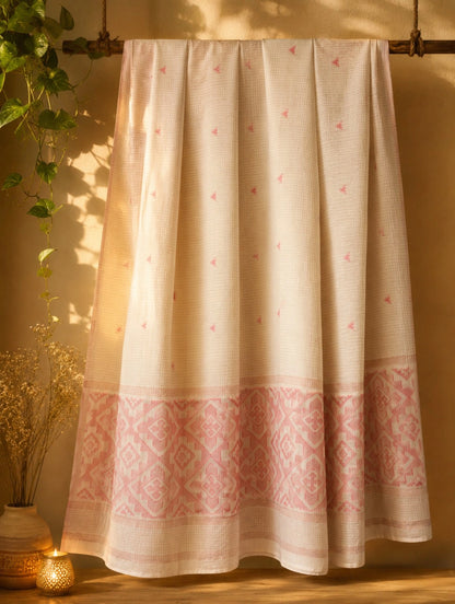 WEVOW Blush Pink Pure Cotton Hand Woven Jamdani Saree with Geometric Border