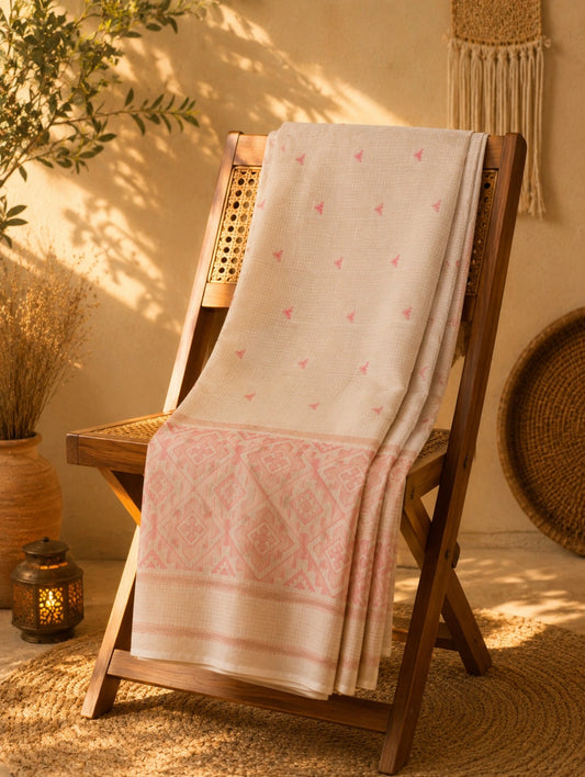 WEVOW Blush Pink Pure Cotton Hand Woven Jamdani Saree with Geometric Border