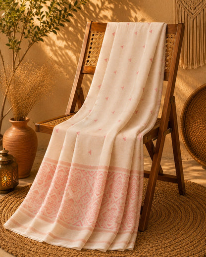 WEVOW Blush Pink Pure Cotton Hand Woven Jamdani Saree with Geometric Border